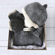 Load image into Gallery viewer, Newborn gift set (grey/cream) hat, mitts &amp; jumper