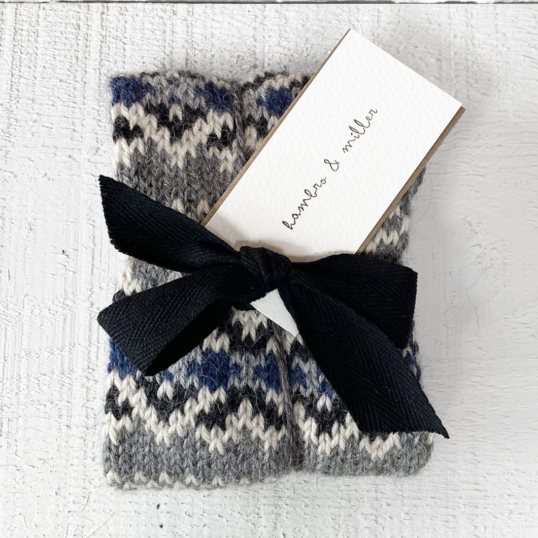 Fair Isle wrist warmers (grey/blue)