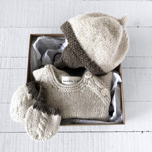 Newborn gift set - hat, mitts & jumper (cream/brown)