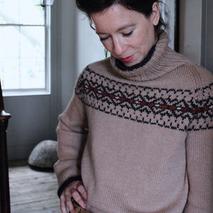 Intricate Fair Isle polo neck (camel/charcoal/rust)