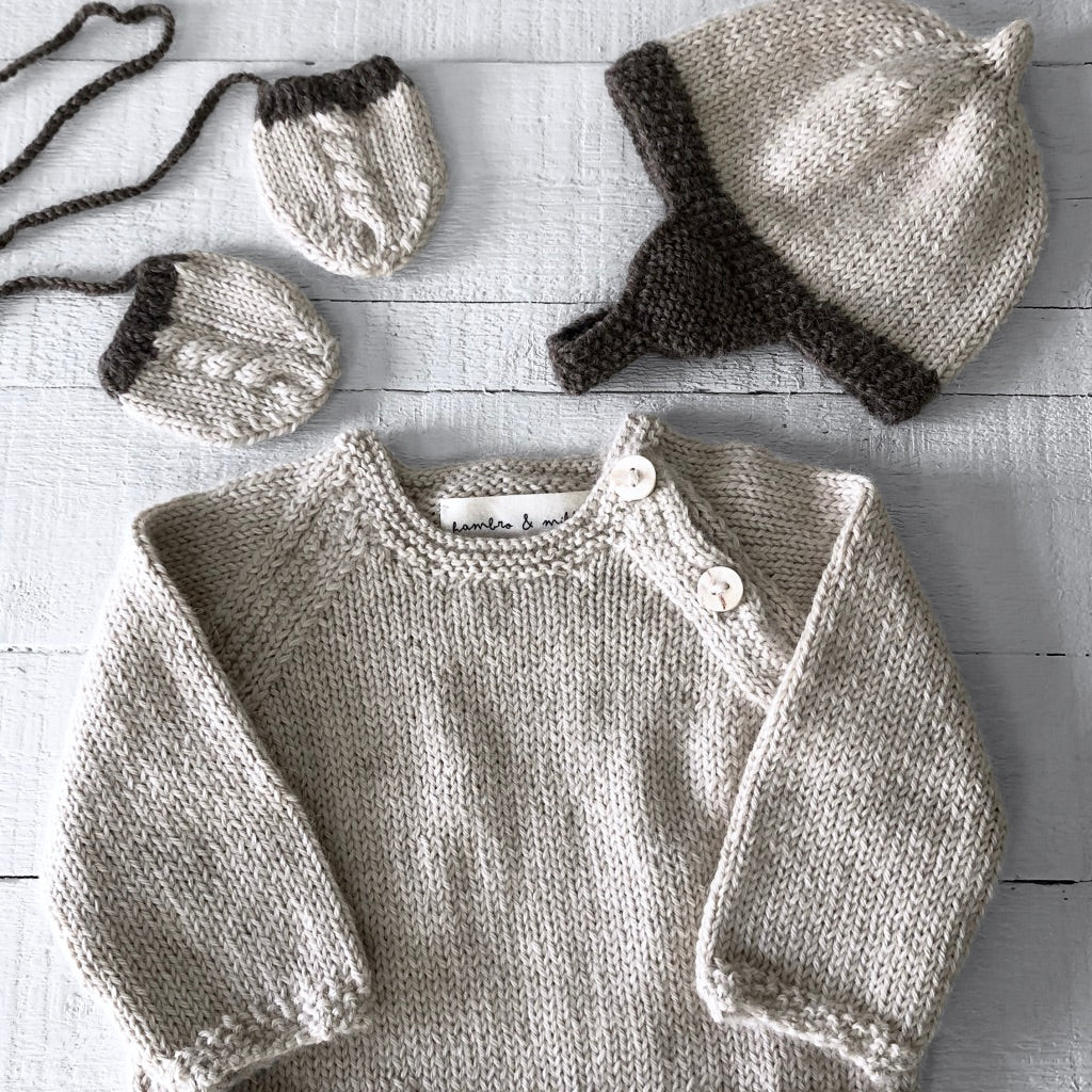 Newborn gift set - hat, mitts & jumper (cream/brown)